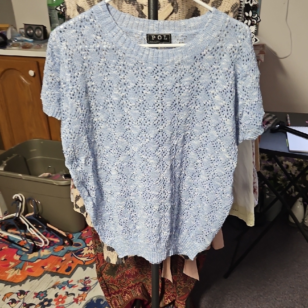 POL Light Blue Short Sleeve Knit Top